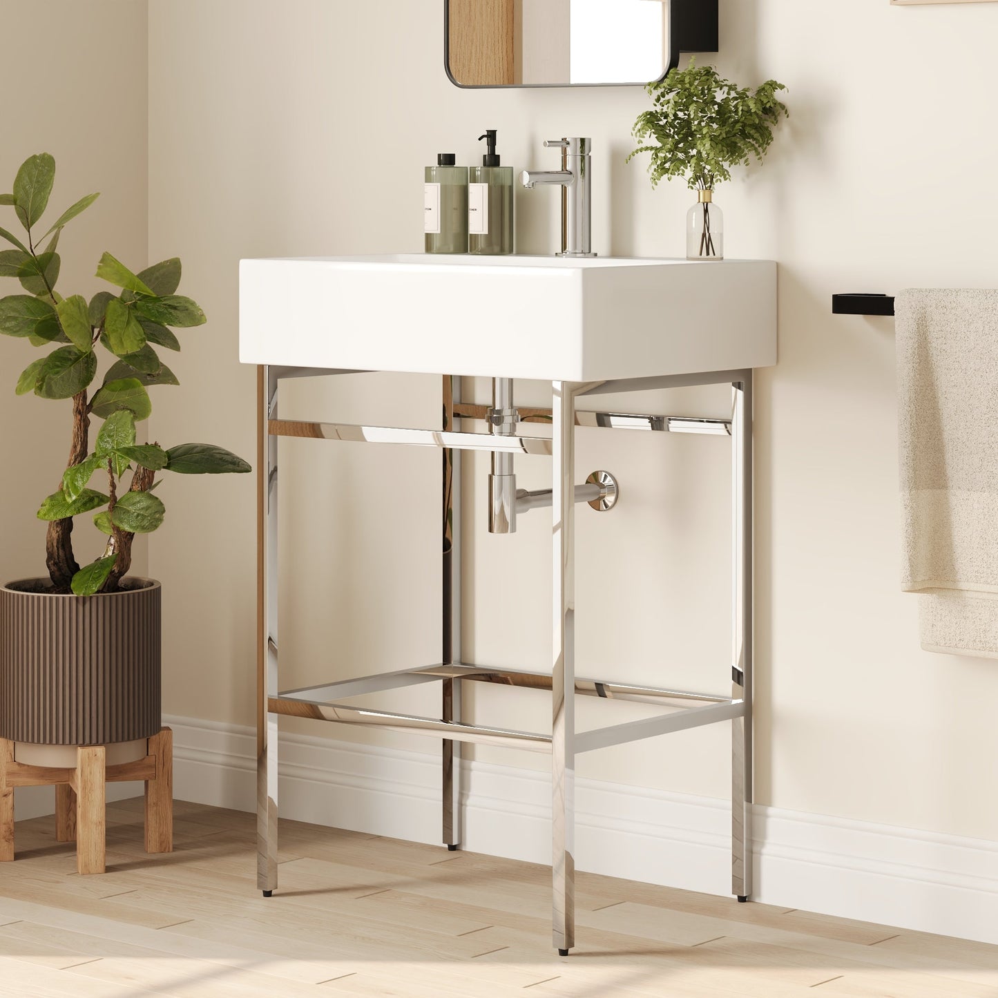 Bathroom Console Sink, 24" W x 17" D x 34" H Rectangular Bathroom Sink with Chrome/Gold/Black Legs Support Ceramic Sink with Overflow