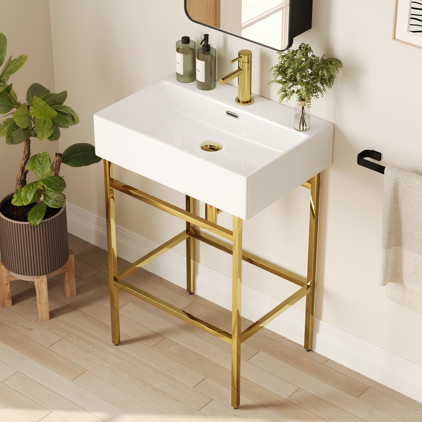 Bathroom Console Sink, 24" W x 17" D x 34" H Rectangular Bathroom Sink with Chrome/Gold/Black Legs Support Ceramic Sink with Overflow
