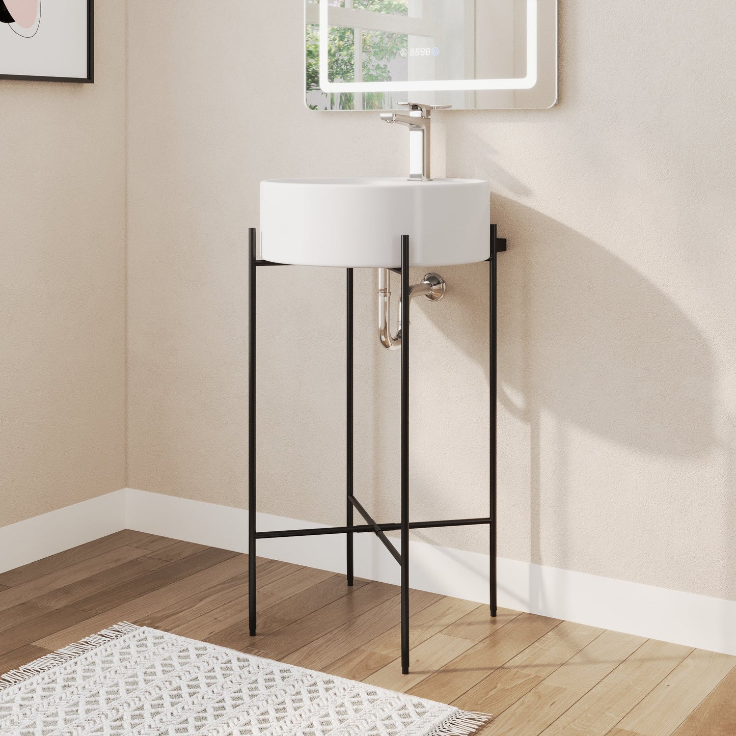 Bathroom Console Sink, Round Bathroom Sink with Chrome/Gold/Black Legs Support Ceramic Sink with Overflow.