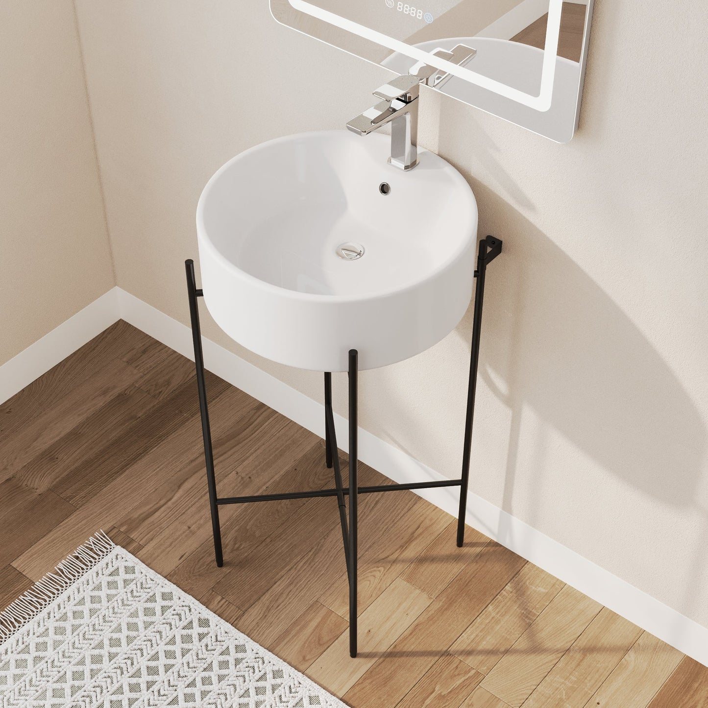 Bathroom Console Sink, Round Bathroom Sink with Chrome/Gold/Black Legs Support Ceramic Sink with Overflow.