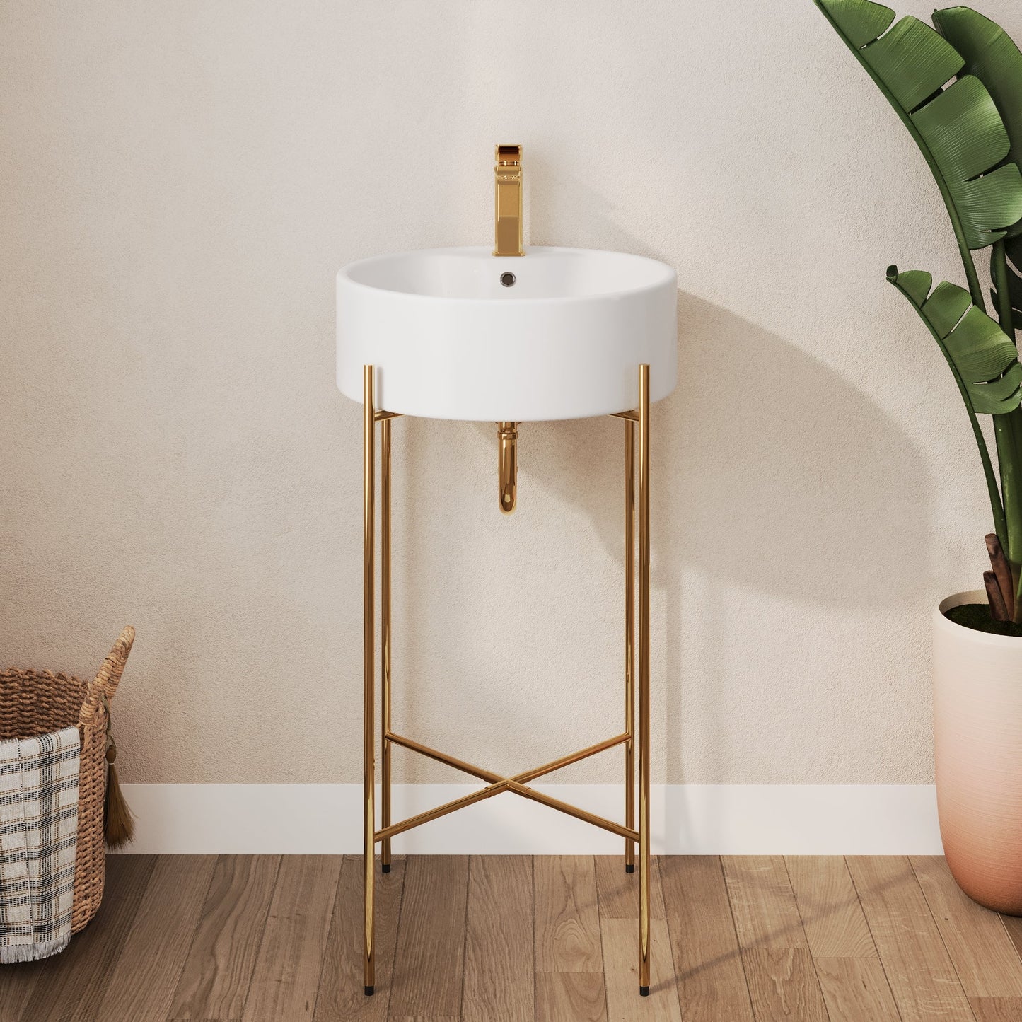 Bathroom Console Sink, Round Bathroom Sink with Chrome/Gold/Black Legs Support Ceramic Sink with Overflow.