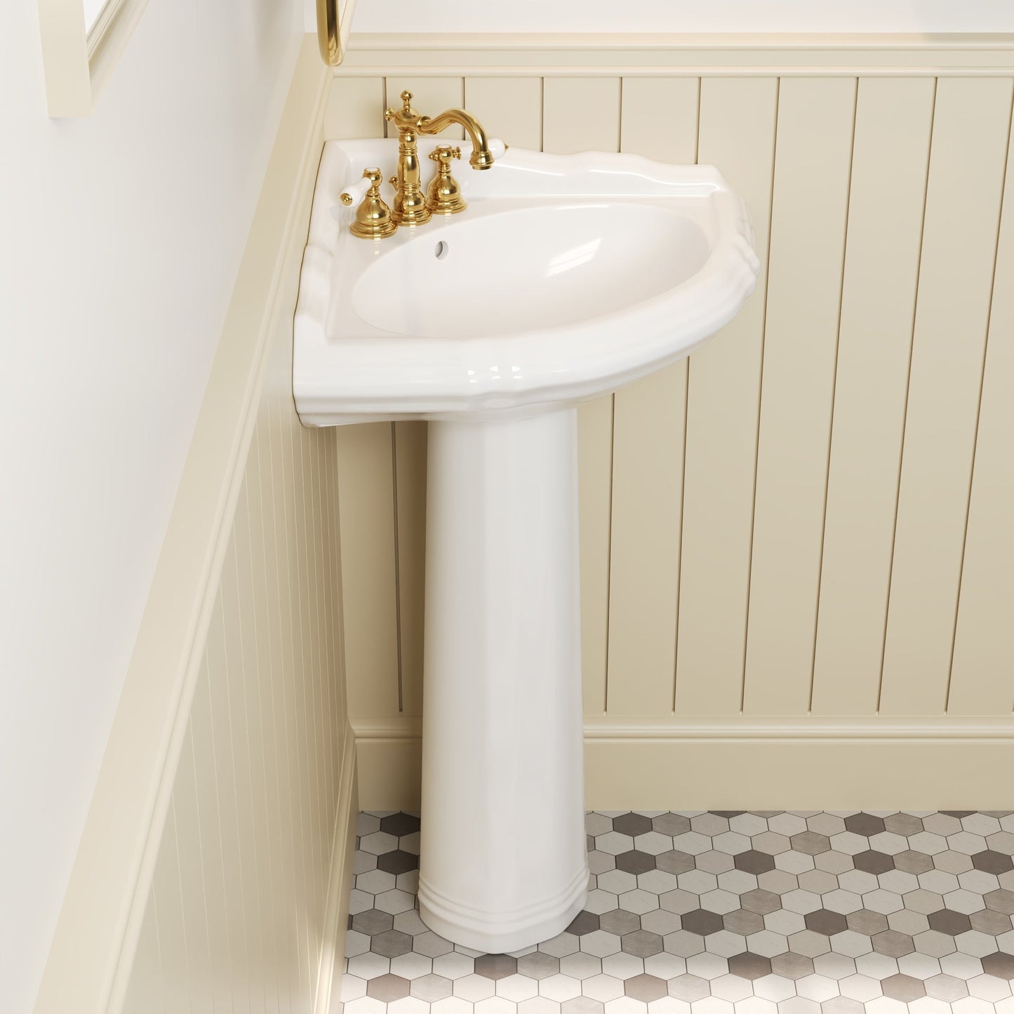 DYNASTY 26.77"L Triangle Pedestal Bathroom Sink, Overflow Hole