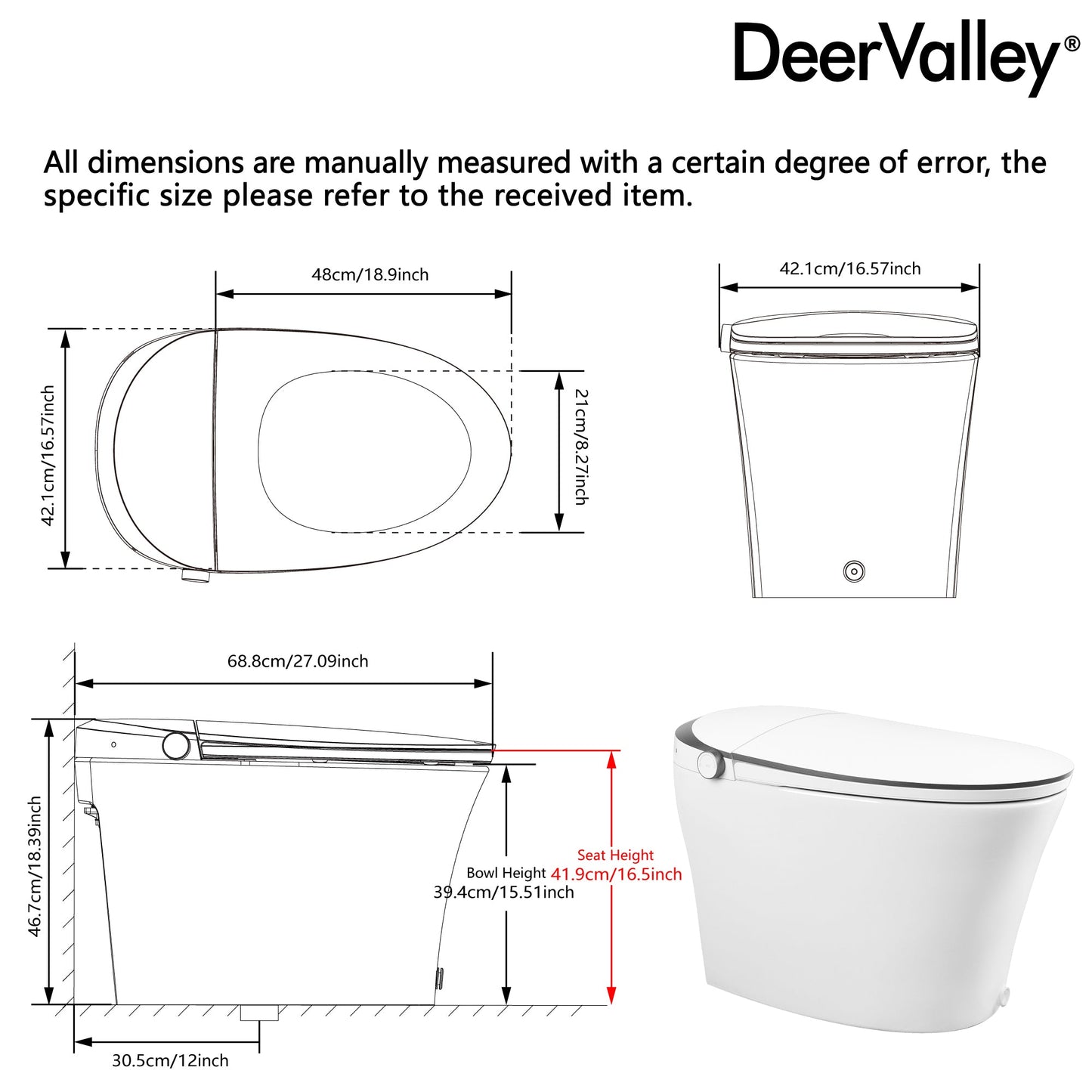 DeerValley  Smart Bidet Toilet Quiet-Closed Heated Seat Sensor Auto, Foot Kick & Blackout Flush, Warm Wash, Night Light,DV-1S0019-V3
