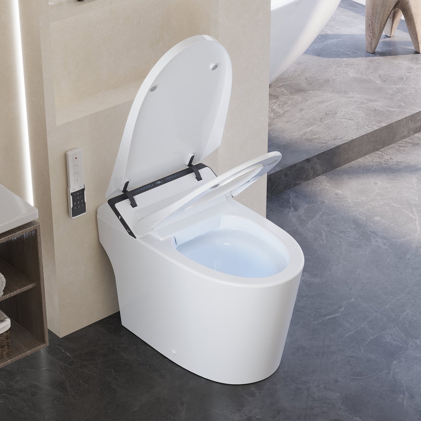 Smart Bidet Toilet with Auto Flush & Foam Shield Technology Modern Tankless Smart Toilet with Bidet, Warm Air Dryer, Heated Seat & Night Light (Remote Included) - DV-1S0289 / DV-1S0289-V3