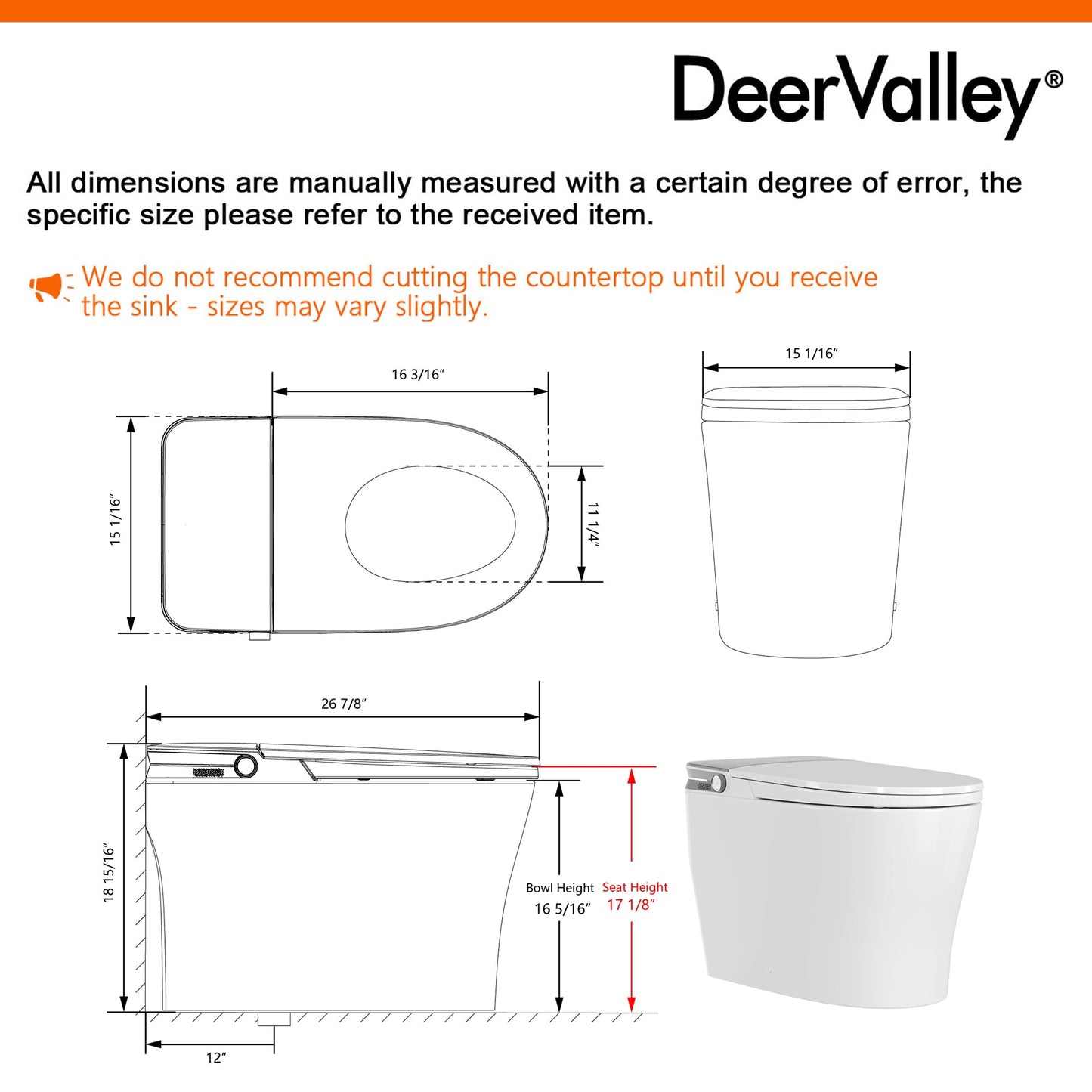 DeerValley DV-1S0371 Smart Toilet with ADA Height, Child-Friendly Wash Mode, Foam Shield, 1000 MAP Powerful Flush, Warm Water Cleansing, No Water Pressure Limit — One-Piece Design for Modern Bathrooms