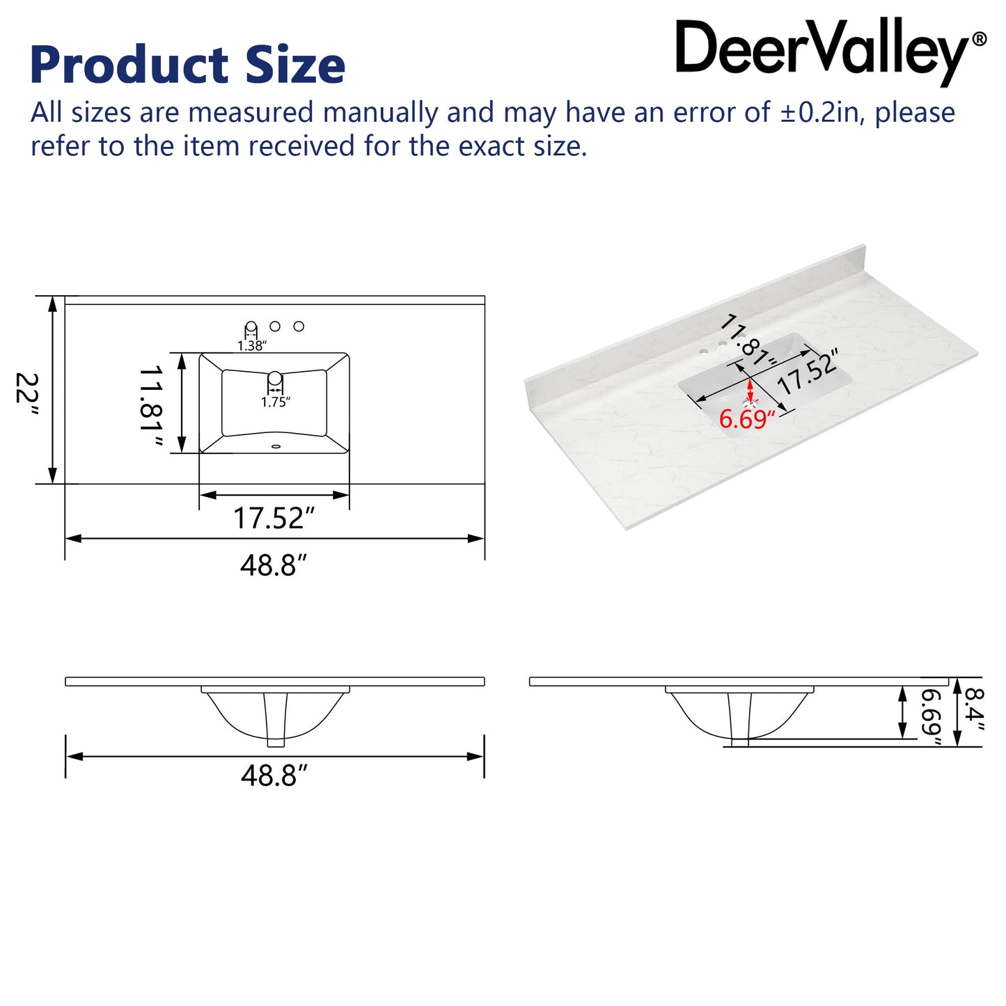 48.8" Rectangular Vanity Top Sink, Overflow Hole