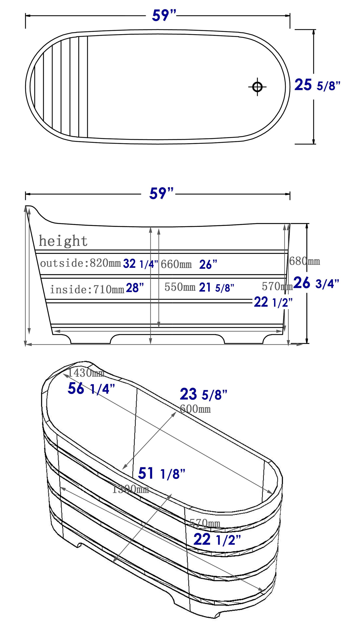 ALFI brand AB1103 59 Inch Free Standing Cedar Wood Bathtub with Bench