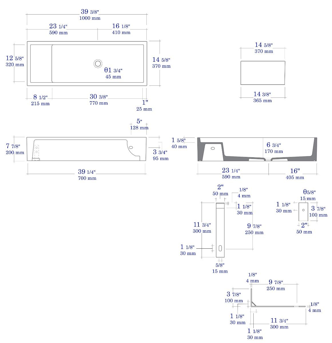 ALFI brand AB39TRGM 39" Grey Matte Above Mount Fireclay Bathroom Trough Sink