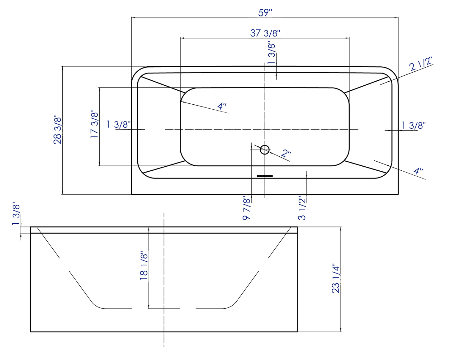 ALFI brand AB8858 59 Inch White Rectangular Acrylic Free Standing Soaking Bathtub