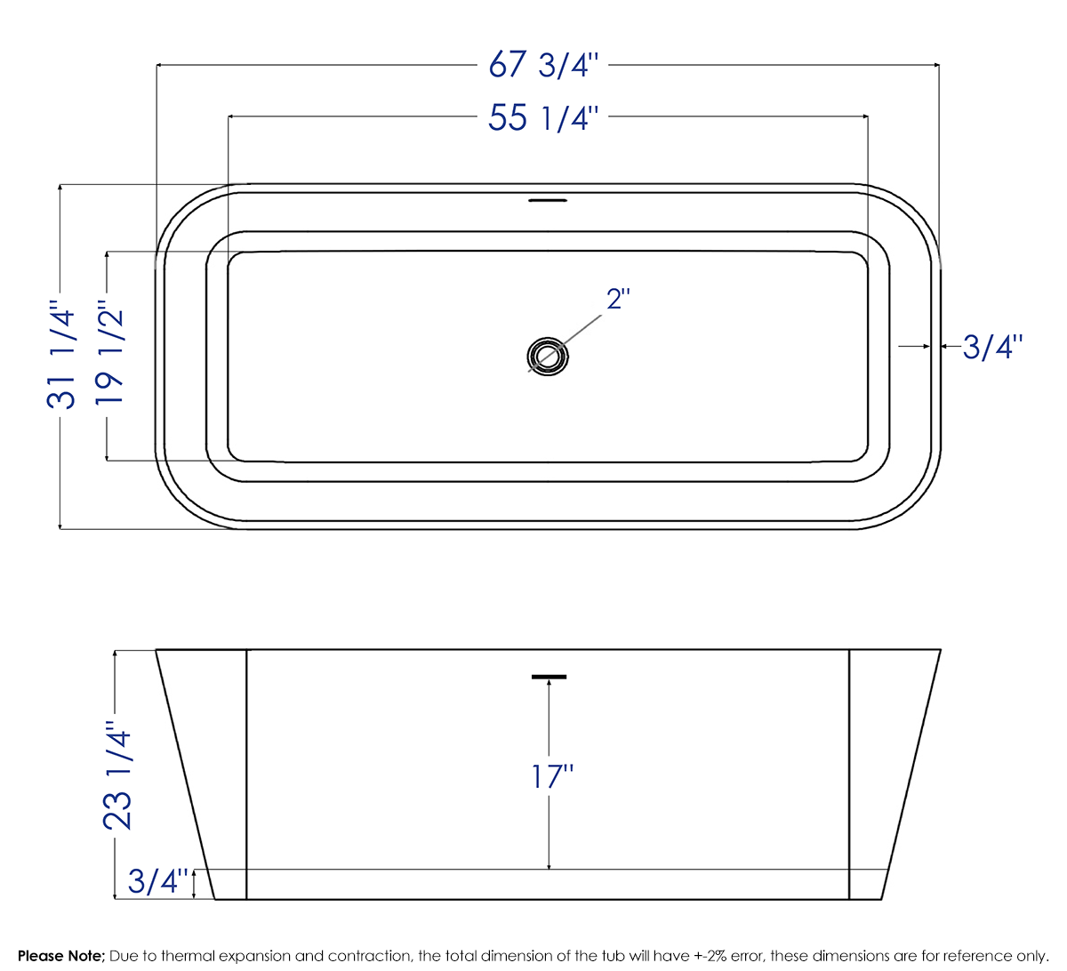 ALFI brand AB9952 67" White Rectangular Solid Surface Smooth Resin Soaking Bathtub