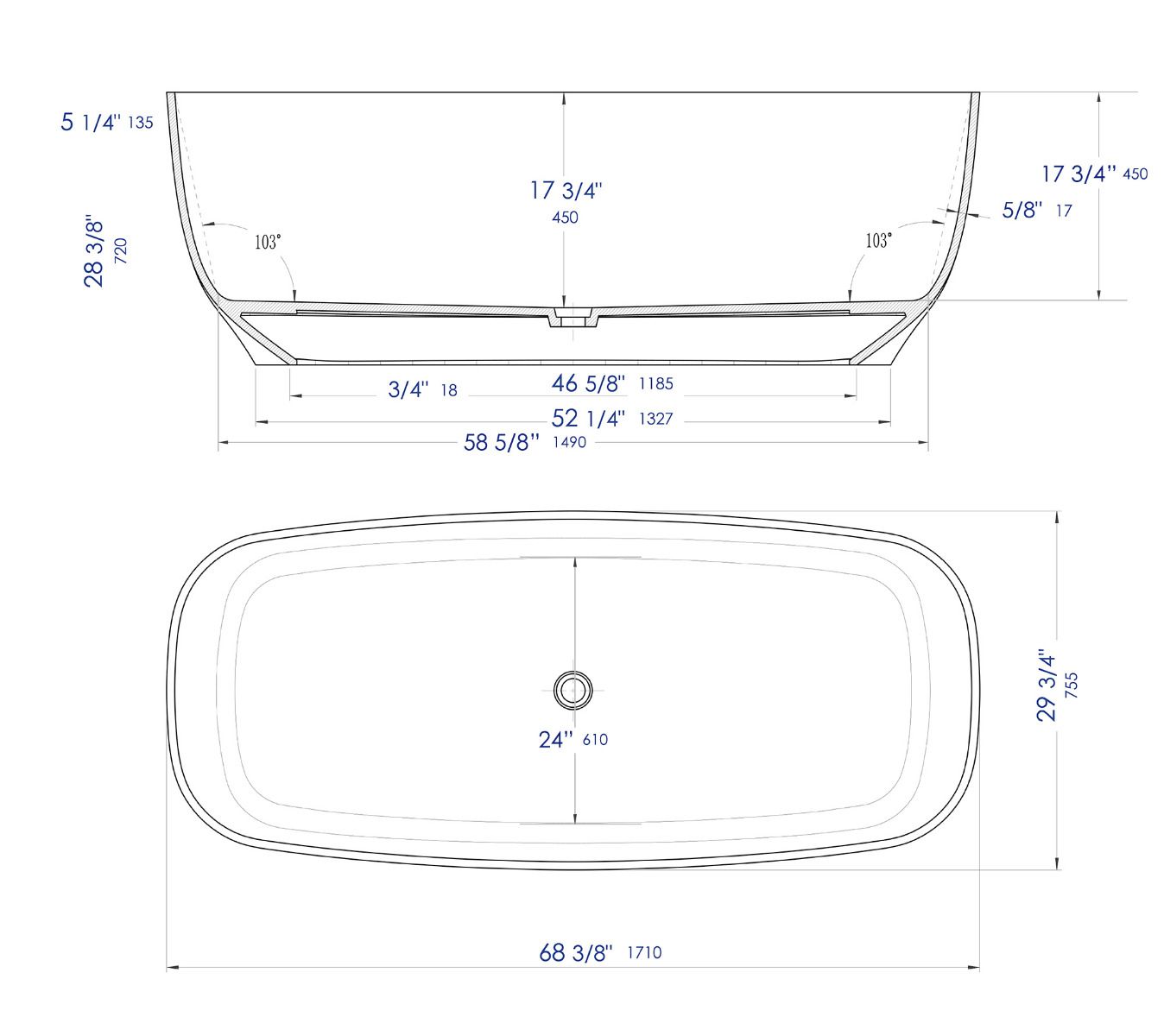 ALFI brand AB9980 67" White Matte Solid Surface Resin Bathtub