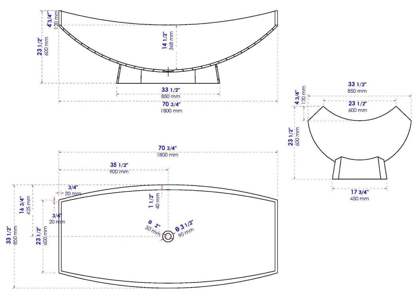 ALFI brand AB9992 White Matte 71" Solid Surface Resin Free Standing Hammock Style Bathtub