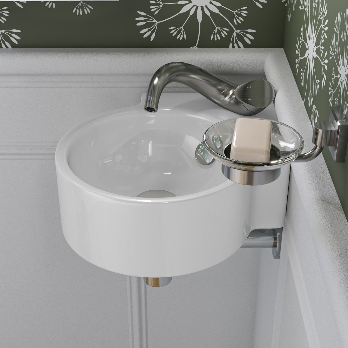 ALFI brand ABC121 White 17" Tiny Corner Wall Mounted Ceramic Sink with Faucet Hole