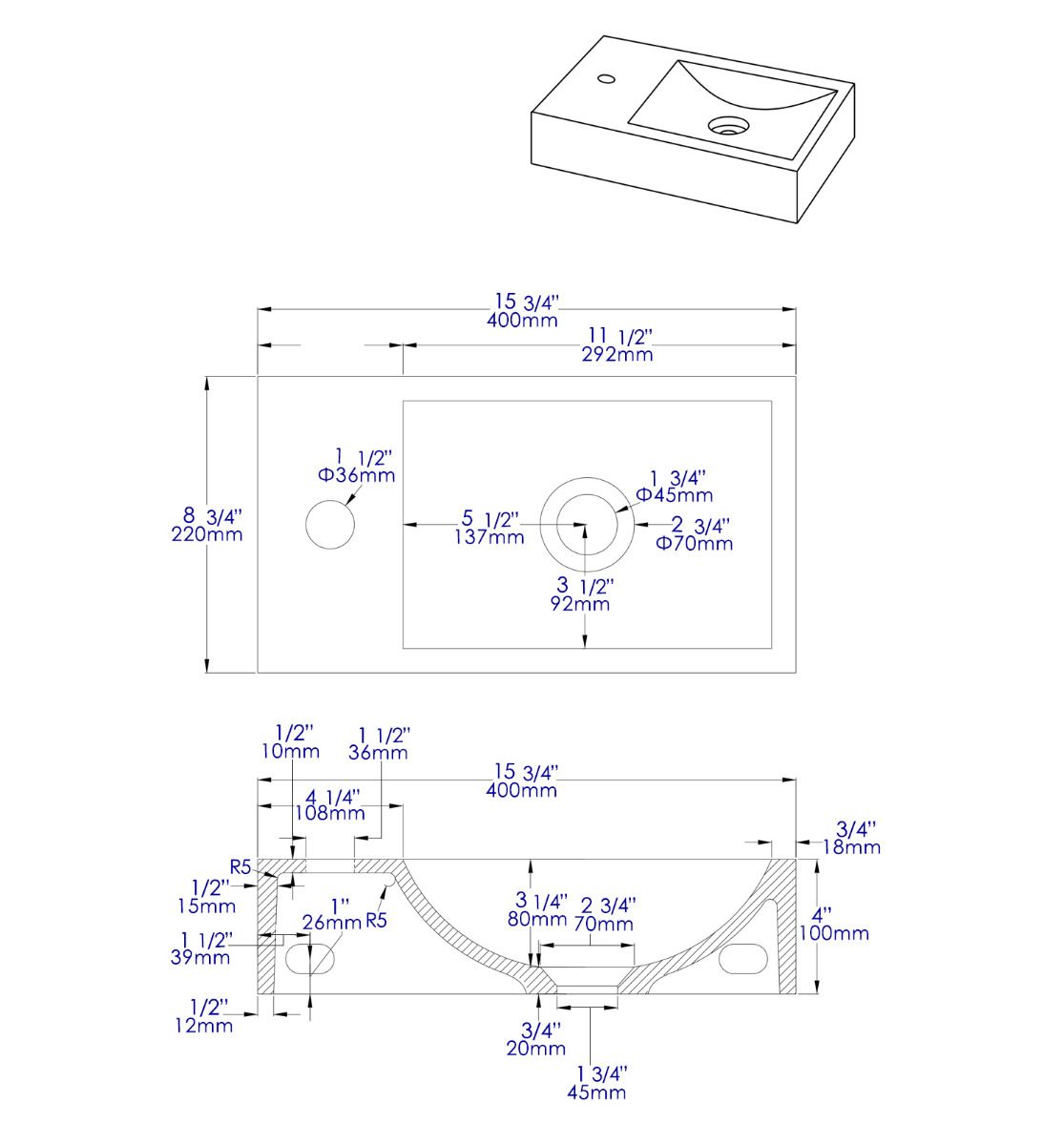 ALFI brand ABCO108 16" Small Rectangular Solid Concrete Gray Matte Wall Mounted Bathroom Sink