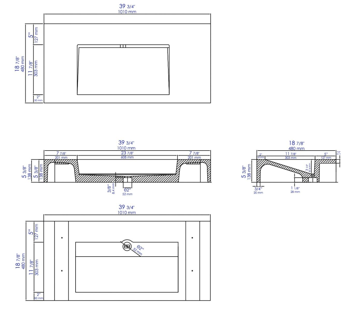 ALFI brand ABCO40R 40" Solid Concrete Rectangular Countertop Sink