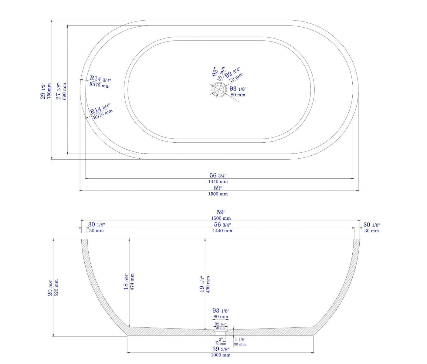 ALFI brand ABCO59TUB 59" Solid Concrete Oval Freestanding Bathtub