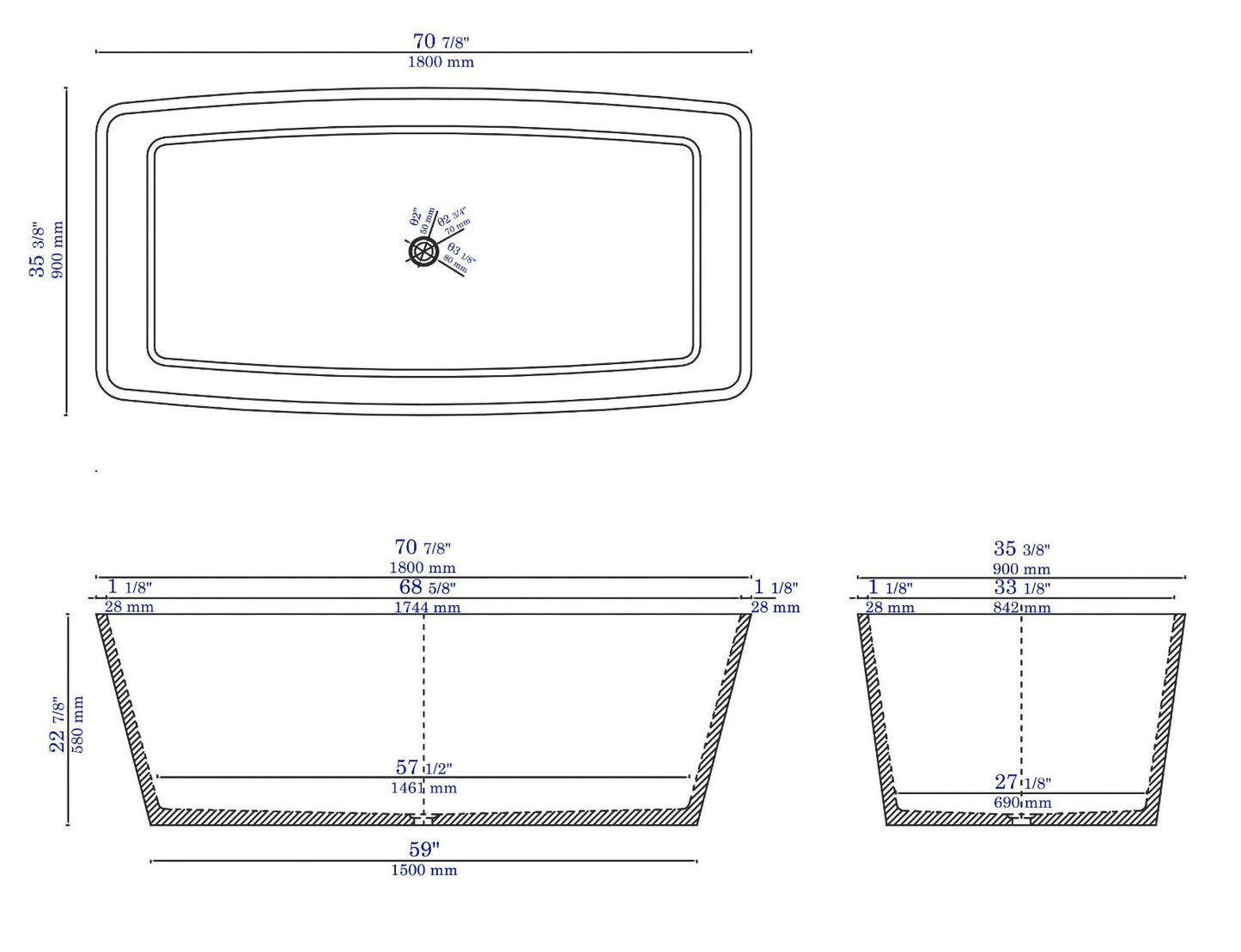 ALFI brand ABCO71TUB 71" Solid Concrete Rectangular Freestanding Bathtub