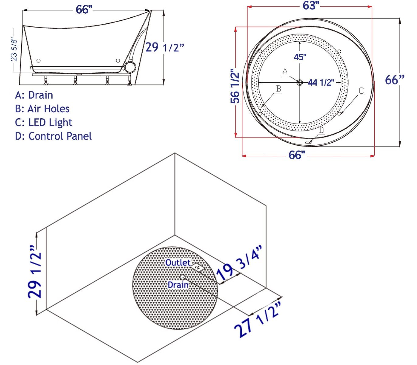 EAGO AM2130 66" Round Free Standing Acrylic Air Bubble Bathtub