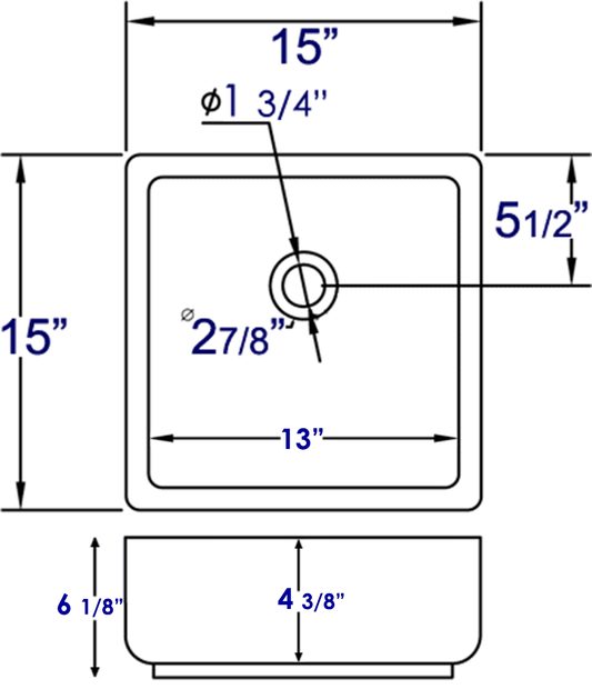 EAGO BA130 15'' White Modern Square Porcelain Bathroom Sink with Overflow
