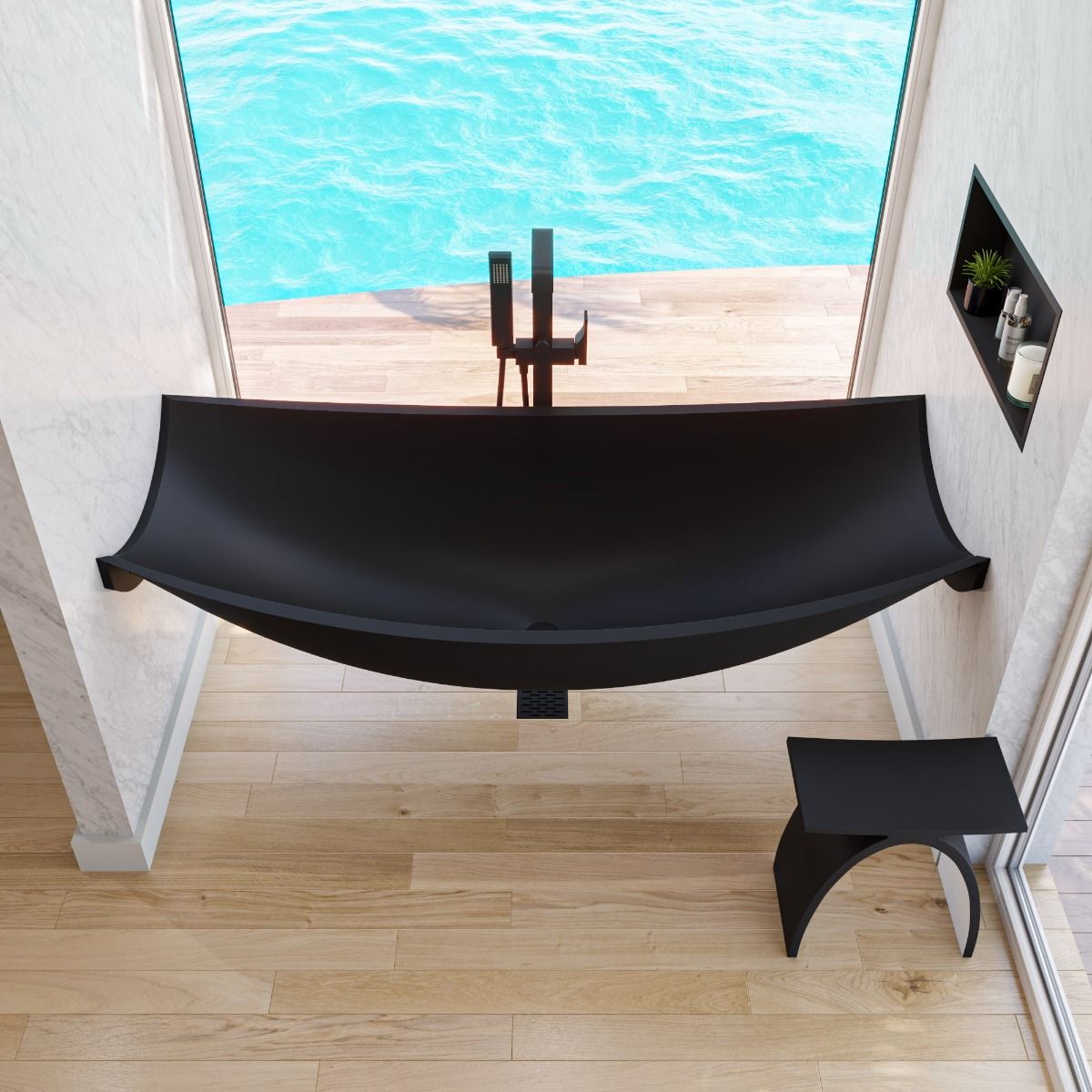 ALFI brand HammockTub2-BM Black Matte 71" Solid Surface Resin Suspended Wall Mounted Hammock Bathtub