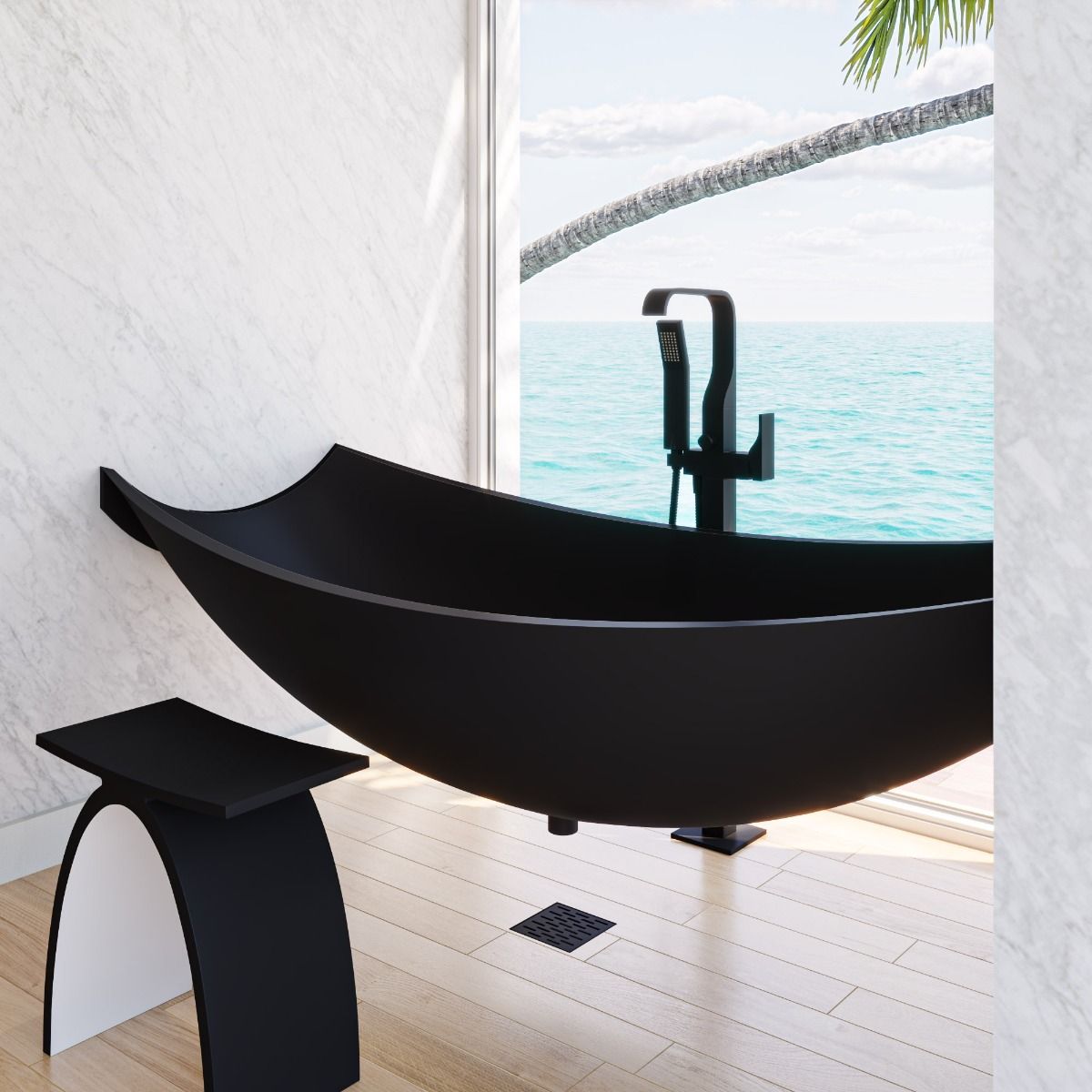 ALFI brand HammockTub2-BM Black Matte 71" Solid Surface Resin Suspended Wall Mounted Hammock Bathtub