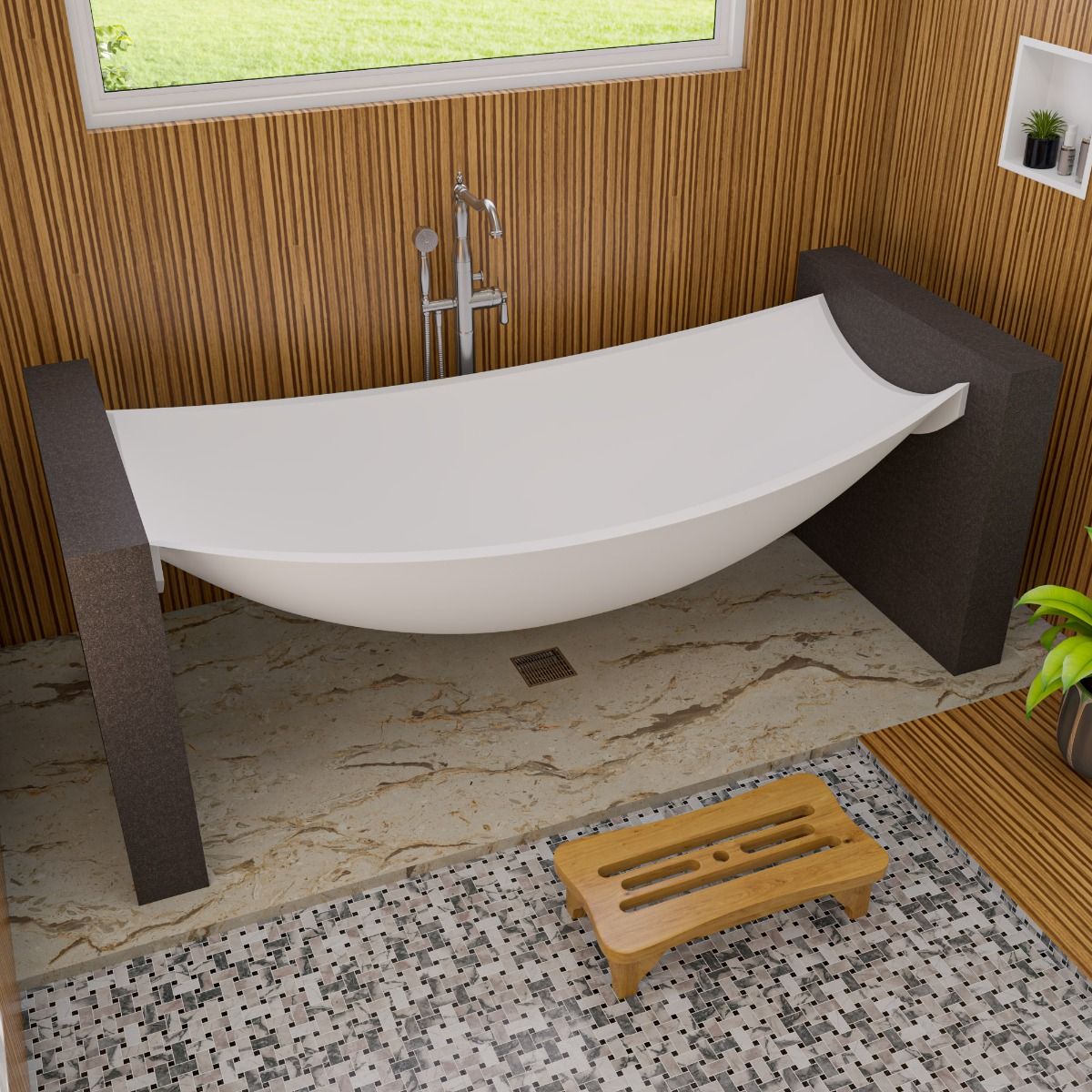ALFI brand HammockTub2-WM White Matte 71" Solid Surface Resin Suspended Wall Mounted Hammock Bathtub