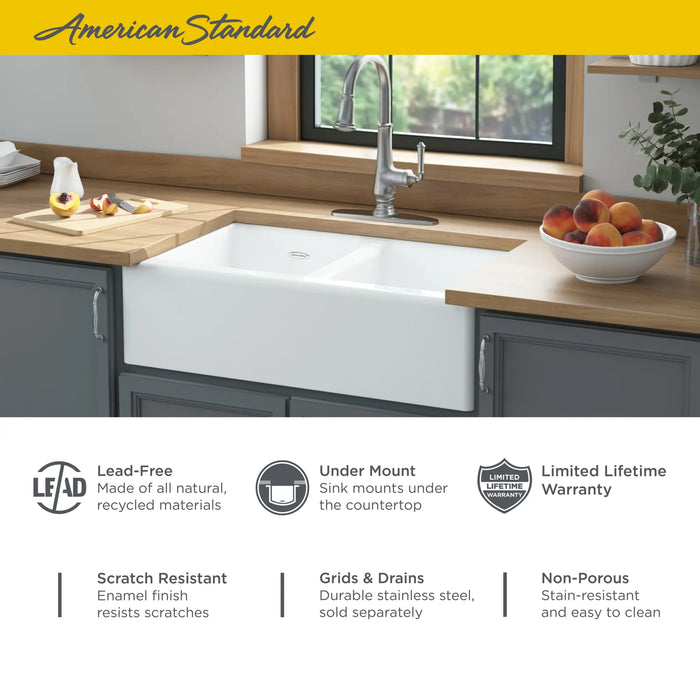 Delancey 33 x 22-Inch Cast Iron 4-Hole Undermount Double-Bowl Apron Front Kitchen Sink