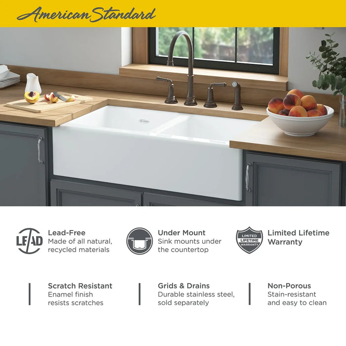 Delancey 36 x 22-Inch Cast Iron 4-Hole Undermount Double-Bowl Apron Front Kitchen Sink