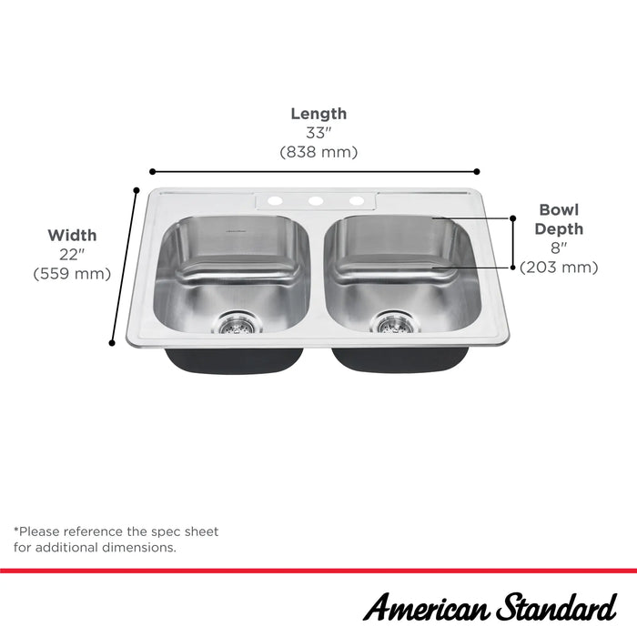 Colony® 33 x 22-Inch Stainless Steel 3-Hole Topmount Double-Bowl Kitchen Sink
