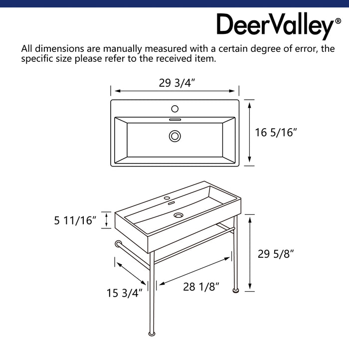 30" Rectangular Console Bathroom Sink, Single Faucet Hole