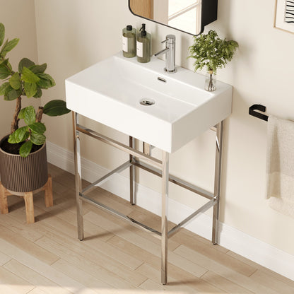 Bathroom Console Sink, 24" W x 17" D x 34" H Rectangular Bathroom Sink with Chrome/Gold/Black Legs Support Ceramic Sink with Overflow