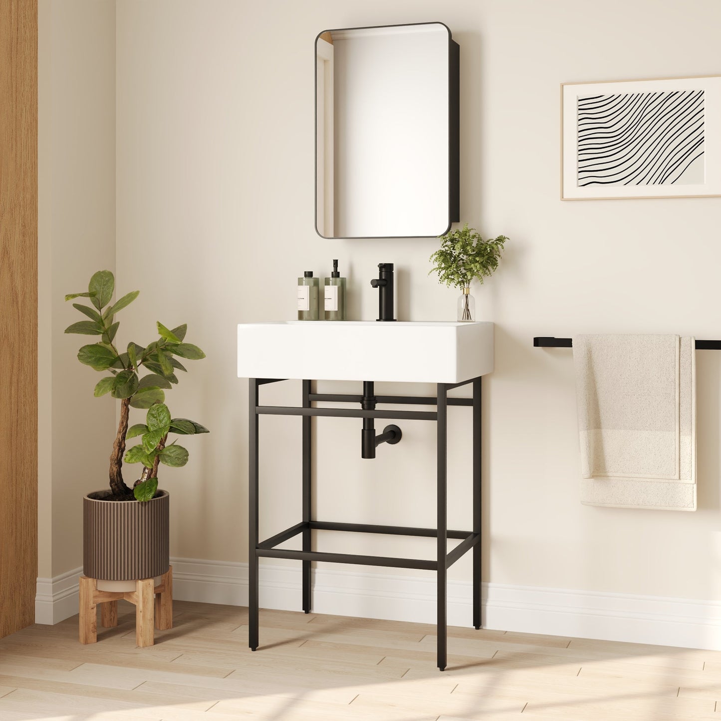 Bathroom Console Sink, 24" W x 17" D x 34" H Rectangular Bathroom Sink with Chrome/Gold/Black Legs Support Ceramic Sink with Overflow