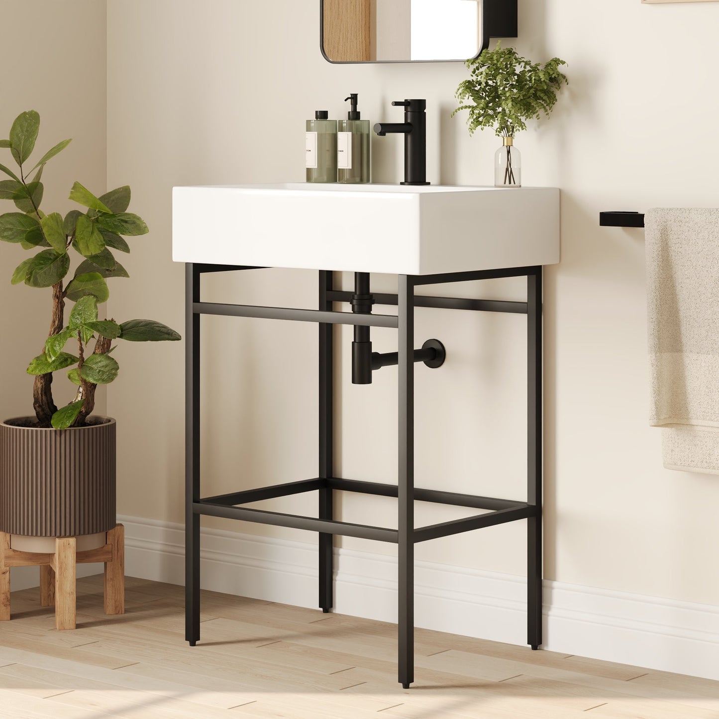 Bathroom Console Sink, 24" W x 17" D x 34" H Rectangular Bathroom Sink with Chrome/Gold/Black Legs Support Ceramic Sink with Overflow