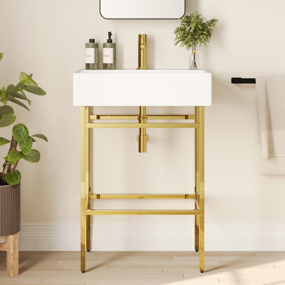 Bathroom Console Sink, 24" W x 17" D x 34" H Rectangular Bathroom Sink with Chrome/Gold/Black Legs Support Ceramic Sink with Overflow