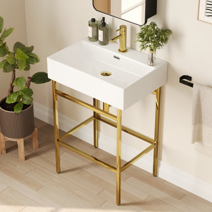 Bathroom Console Sink, 24" W x 17" D x 34" H Rectangular Bathroom Sink with Chrome/Gold/Black Legs Support Ceramic Sink with Overflow