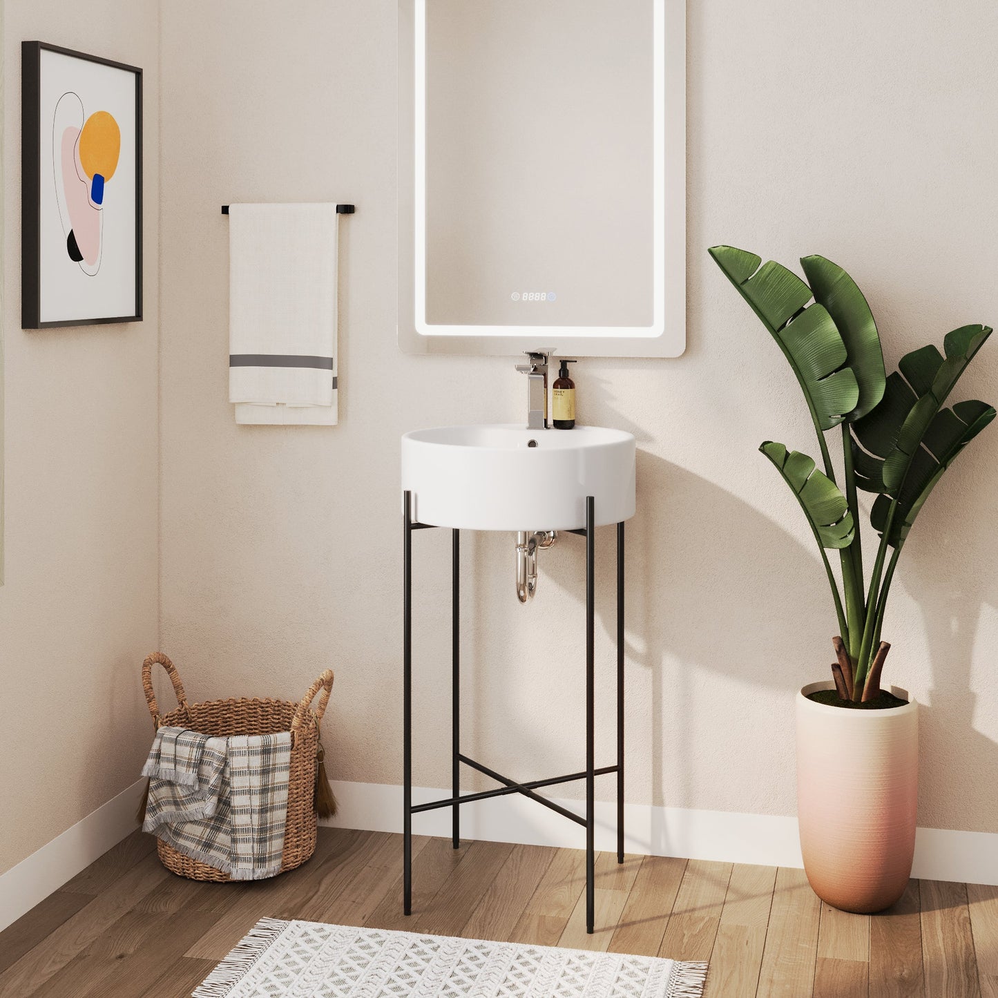 Bathroom Console Sink, Round Bathroom Sink with Chrome/Gold/Black Legs Support Ceramic Sink with Overflow.