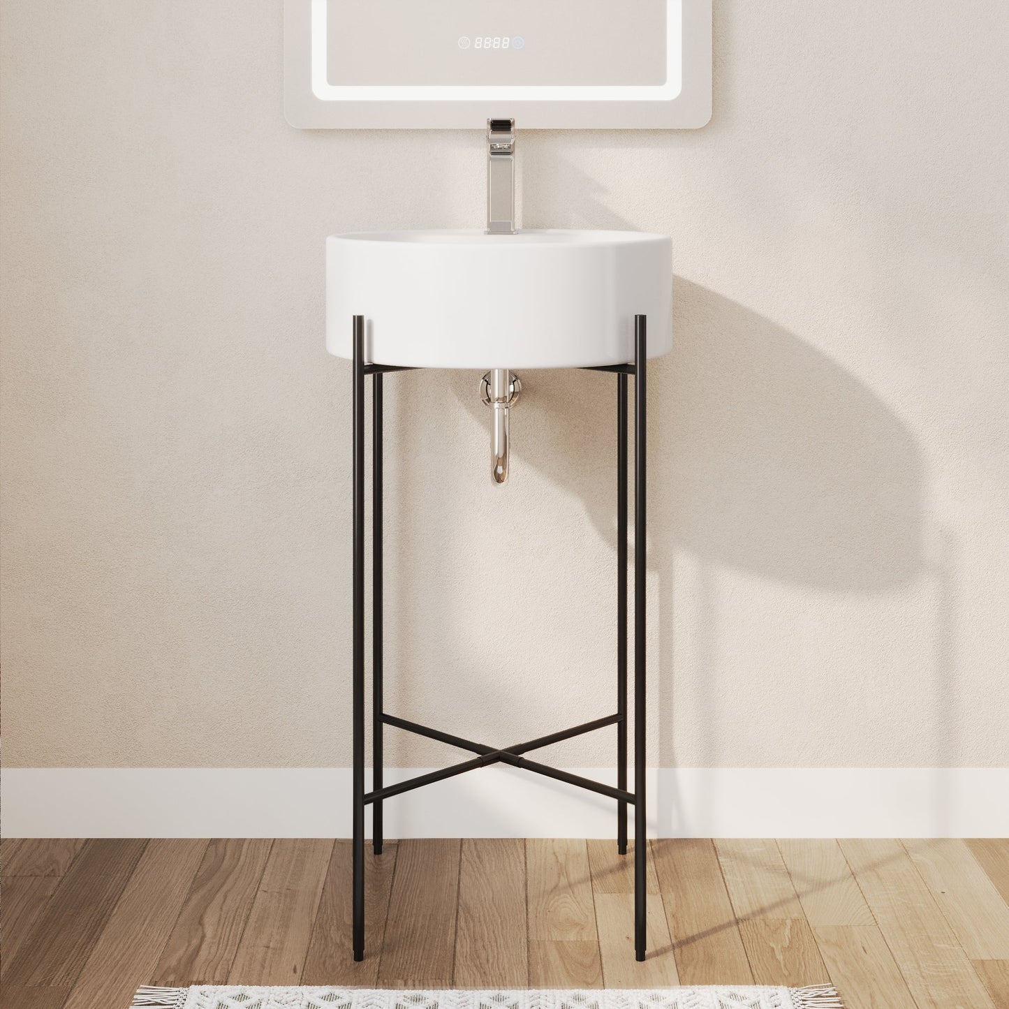 Bathroom Console Sink, Round Bathroom Sink with Chrome/Gold/Black Legs Support Ceramic Sink with Overflow.