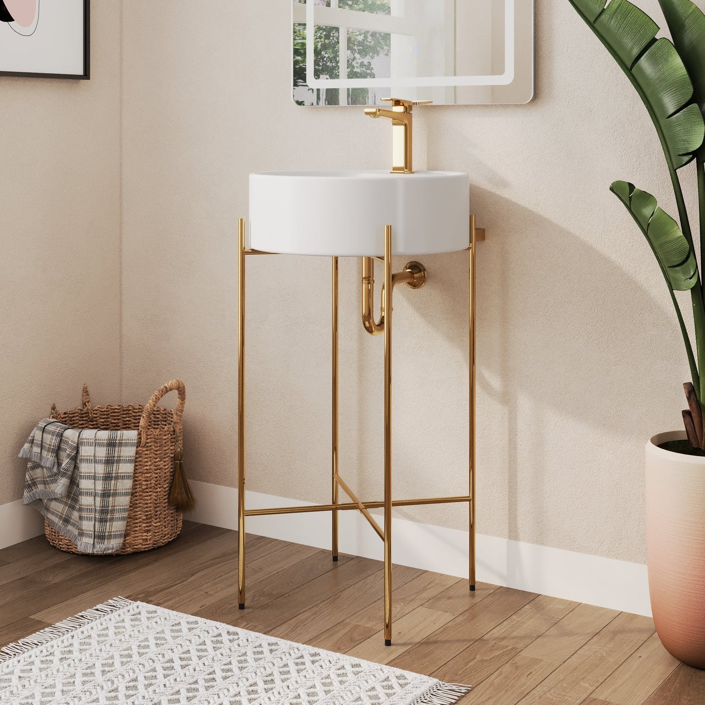 Bathroom Console Sink, Round Bathroom Sink with Chrome/Gold/Black Legs Support Ceramic Sink with Overflow.