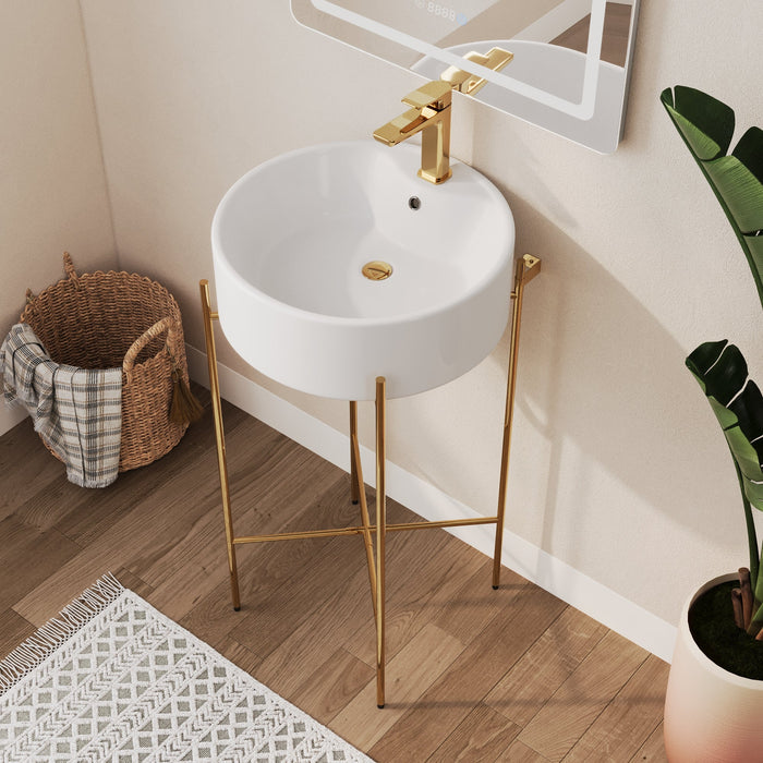 Bathroom Console Sink, Round Bathroom Sink with Chrome/Gold/Black Legs Support Ceramic Sink with Overflow.