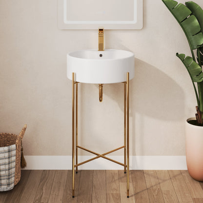 Bathroom Console Sink, Round Bathroom Sink with Chrome/Gold/Black Legs Support Ceramic Sink with Overflow.