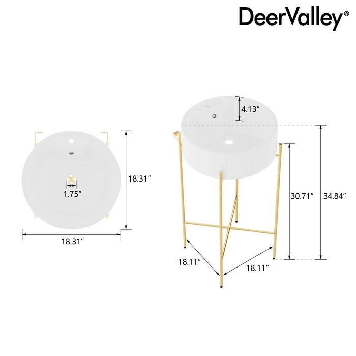 Bathroom Console Sink, Round Bathroom Sink with Chrome/Gold/Black Legs Support Ceramic Sink with Overflow.