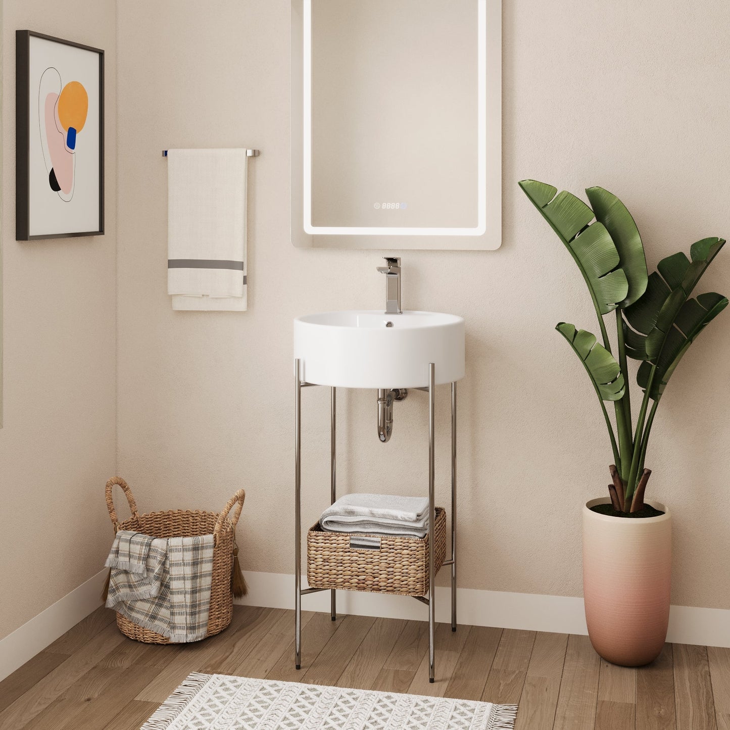 Bathroom Console Sink, Round Bathroom Sink with Chrome/Gold/Black Legs Support Ceramic Sink with Overflow.