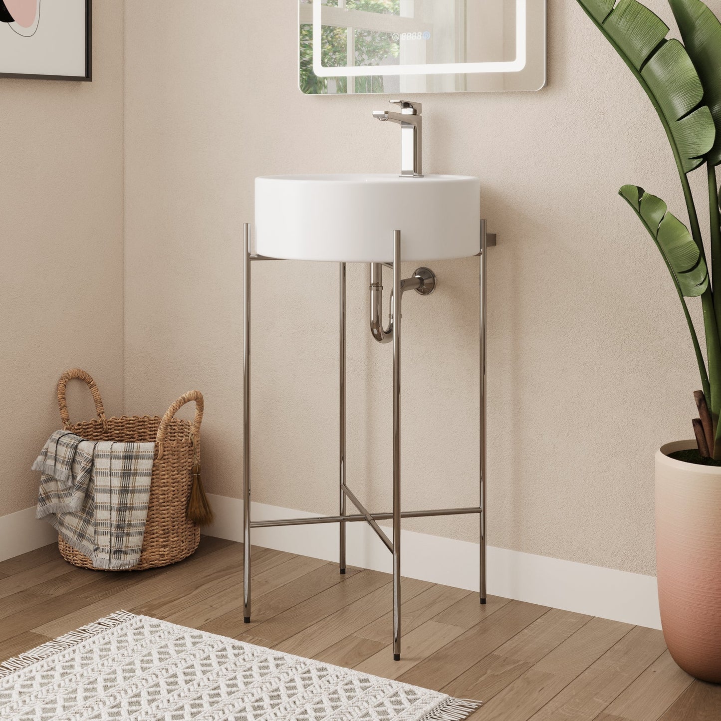 Bathroom Console Sink, Round Bathroom Sink with Chrome/Gold/Black Legs Support Ceramic Sink with Overflow.