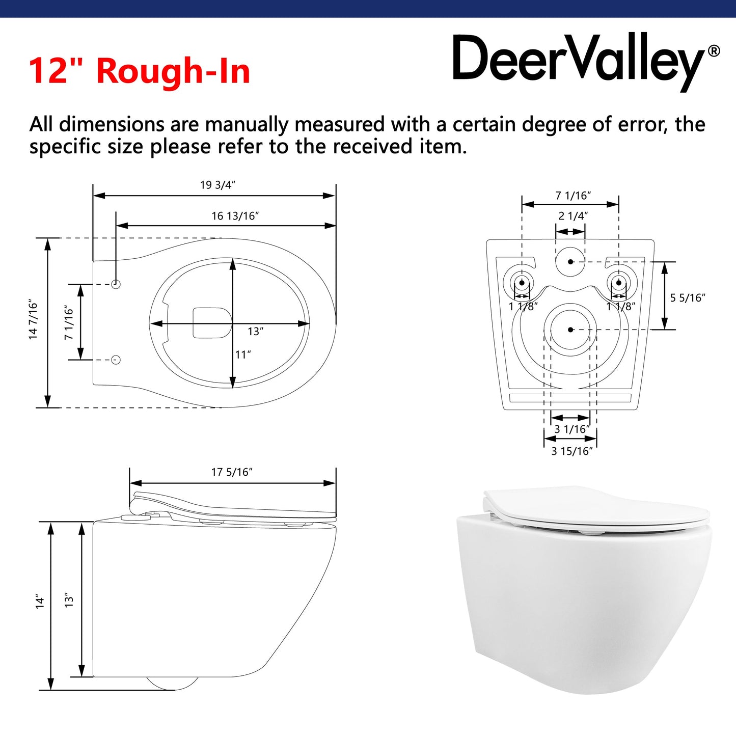 LIBERTY Wall-Hung Elongated Toilet, 1.1/1.6GPF Dual-Flush  with Multiple Colors