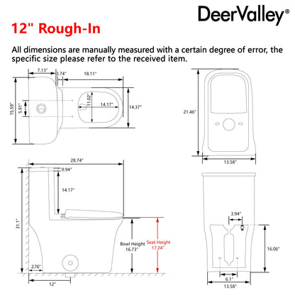 One Piece Toilet for Bathroom with Comfort Chair Seat ADA Height Skirted Toilets, White