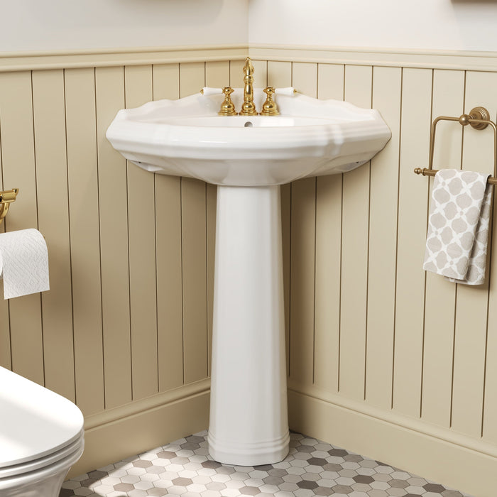 DYNASTY 26.77"L Triangle Pedestal Bathroom Sink, Overflow Hole