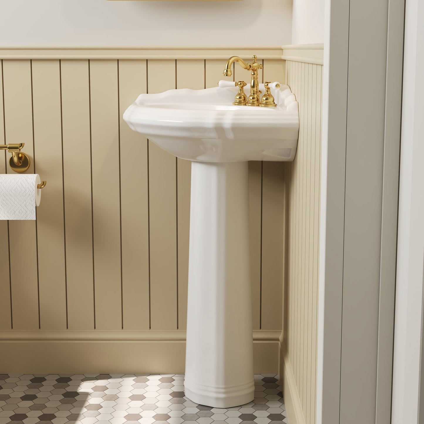 DYNASTY 26.77"L Triangle Pedestal Bathroom Sink, Overflow Hole