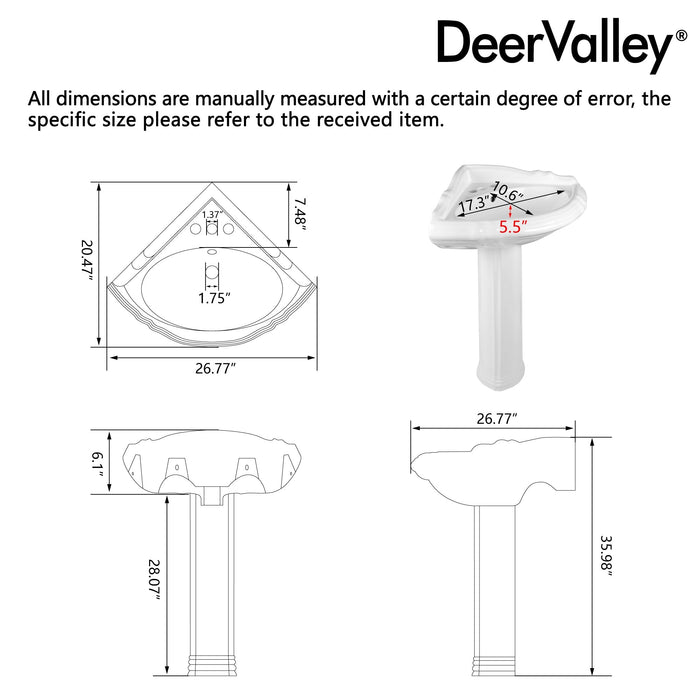 DYNASTY 26.77"L Triangle Pedestal Bathroom Sink, Overflow Hole