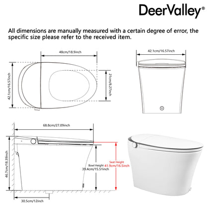 DeerValley  Smart Bidet Toilet Quiet-Closed Heated Seat Sensor Auto, Foot Kick & Blackout Flush, Warm Wash, Night Light，DV-1S0019-V3