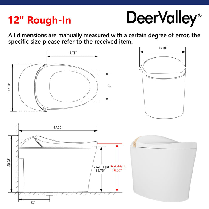DeerValley Smart Toilet with Off-Seat Flush/Foot Sensor Flush, Automatic Tankless Toilet with Heated Seat, Warm Water Cleaning, Warm Air dryer,DV-1S0160/V1/V3